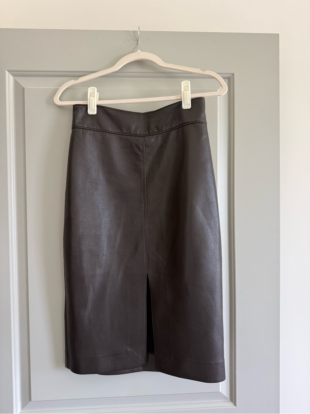 Babaton Dark Brown Leather Pencil Skirt with Front Slit